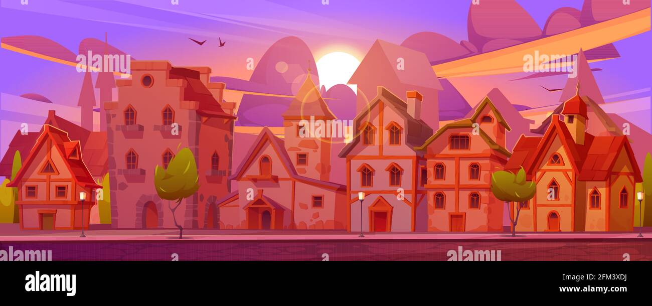 Medieval german street with half-timbered houses at sunset. Traditional european buildings in old town or village at evening. Vector cartoon landscape with fachwerk cottages and sun on purple sky Stock Vector