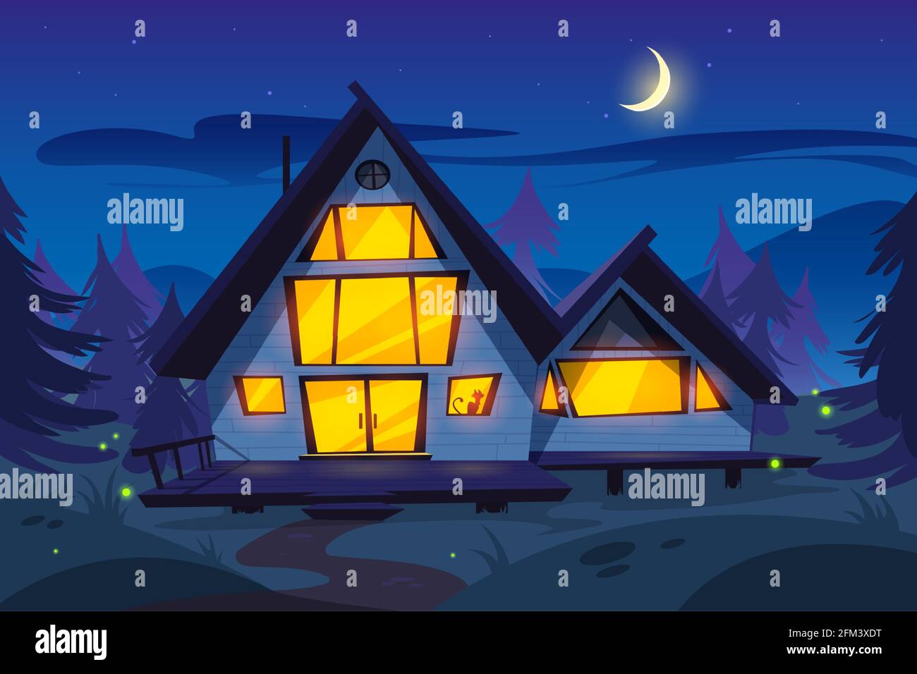 Wooden house in forest at night. Forester cottage. Vector cartoon summer wood landscape with house with glow windows, fireflies, pine trees, moon and stars on sky Stock Vector
