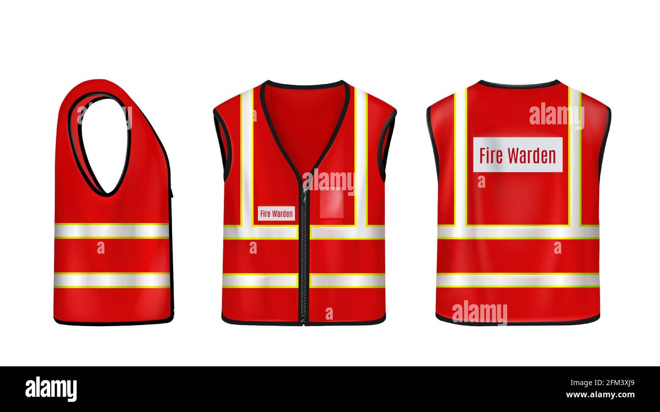 Fire warden safety vest front, side and back view, red sleeveless jacket with reflective stripes for firefighters, waistcoat mockup with fluorescent elements Realistic 3d vector illustration, mock up Stock Vector