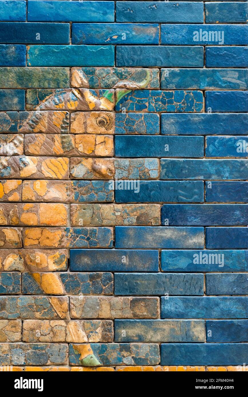 detailed wall fragment with Aurochs symbol of Hadad deity from ancient Babylon Stock Photo