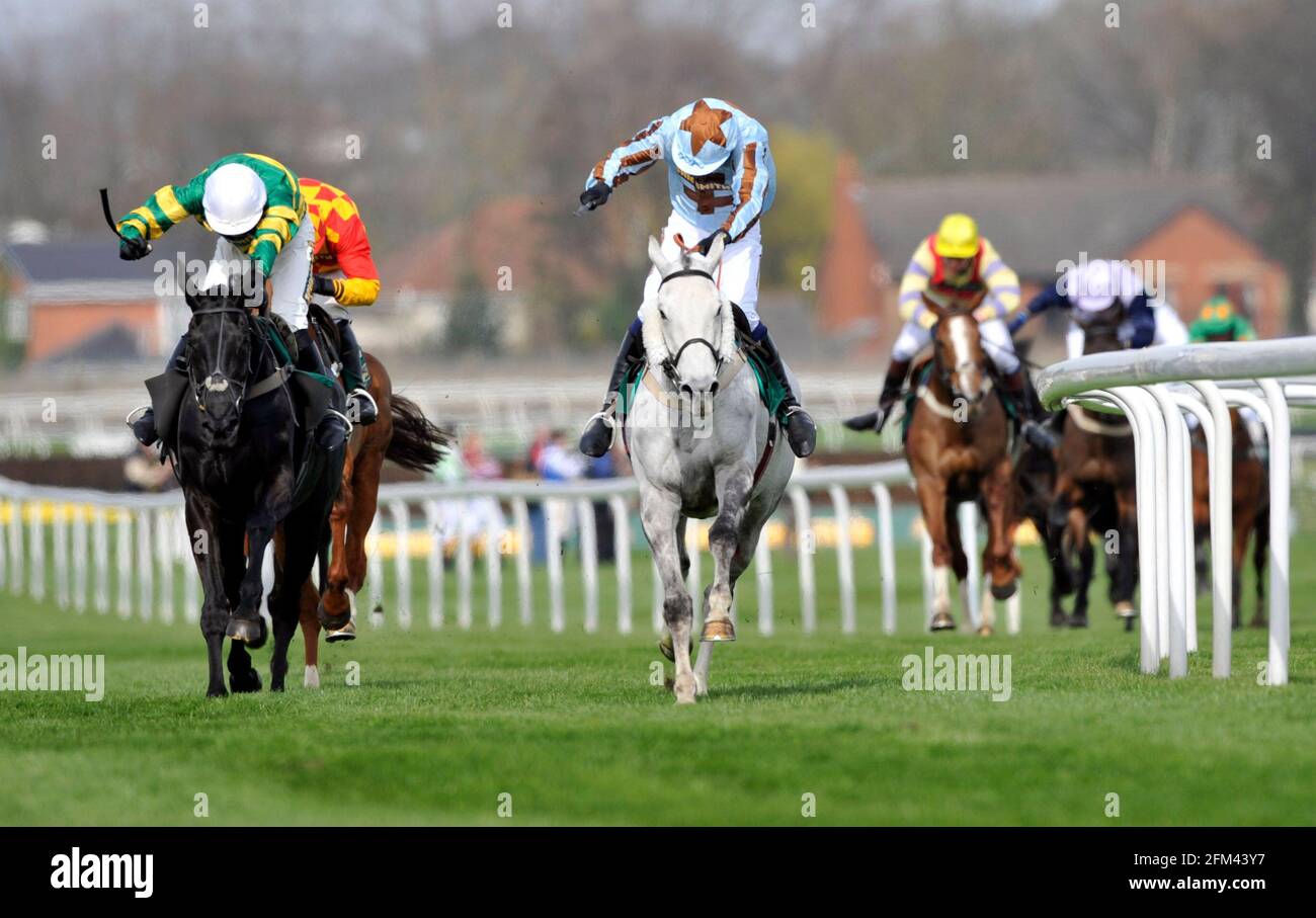 RACING AT AINTREE. 8/4/2010. THE FOX HUNTERS. SILVER ADONIS ABOUT TO WIN AFTER THE LAST. PICTURE DAVID ASHDOWN Stock Photo