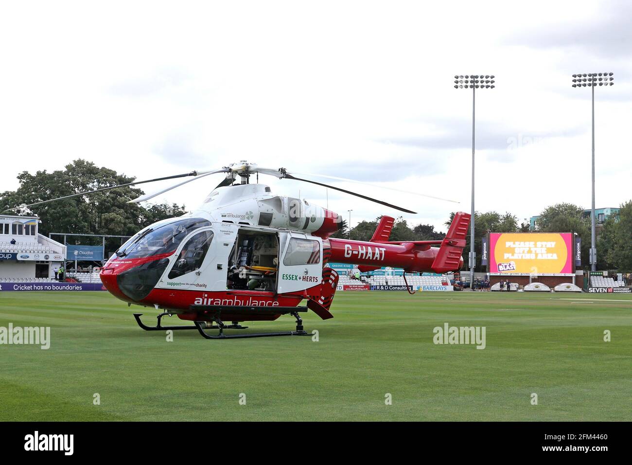The Essex & Herts Air Ambulance on the outfield as the start of the match is delayed ahead of Essex Eagles vs Kent Spitfires, NatWest T20 Blast Cricke Stock Photo
