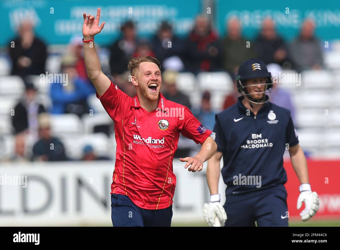 Jamie Porter of Essex claims the wicket of Dawid Malan during Essex ...