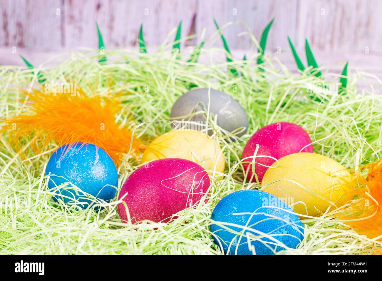 Colorful painted Easter eggs decorations on light green background. Stock Photo
