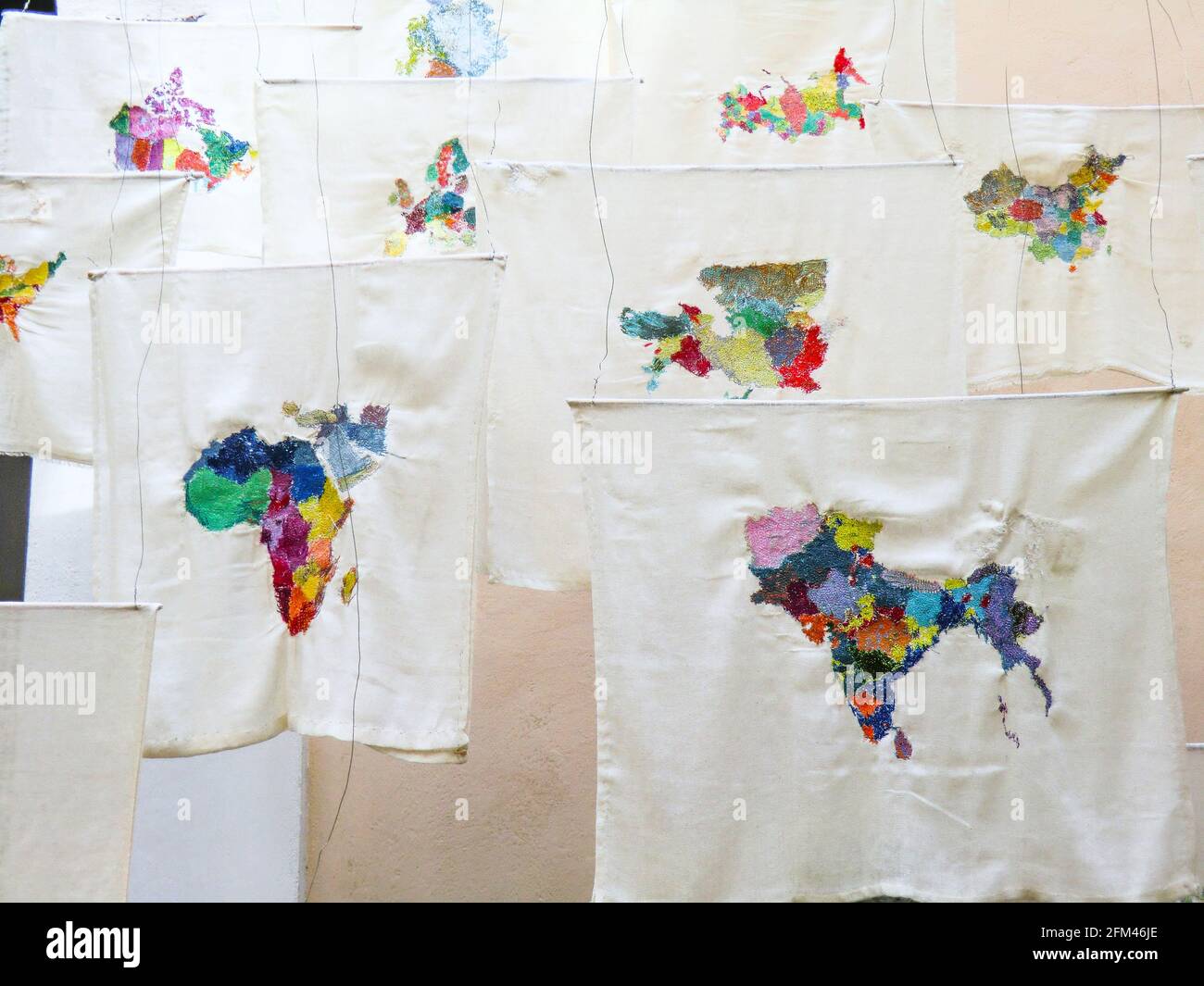 Intervention/Atlas, 14 Embroideries on cotton fabric, bamboo sticks, iron grid, wire), Susanne Kessler, Galleria d’Arte Moderna di Roma, Italy, Europe Stock Photo