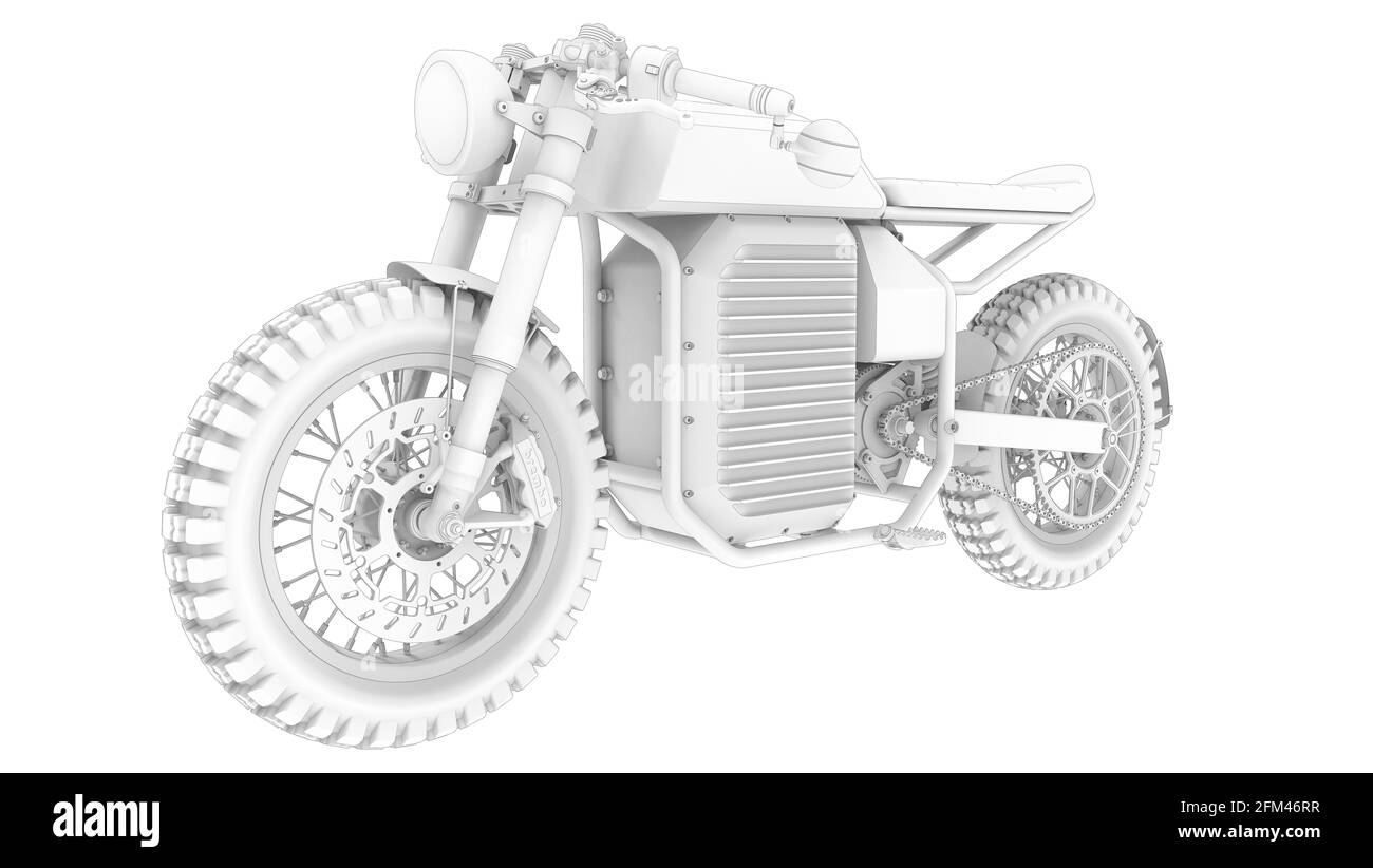 3D rendering of an electric motorcycle motor bike computer model on white background Stock Photo