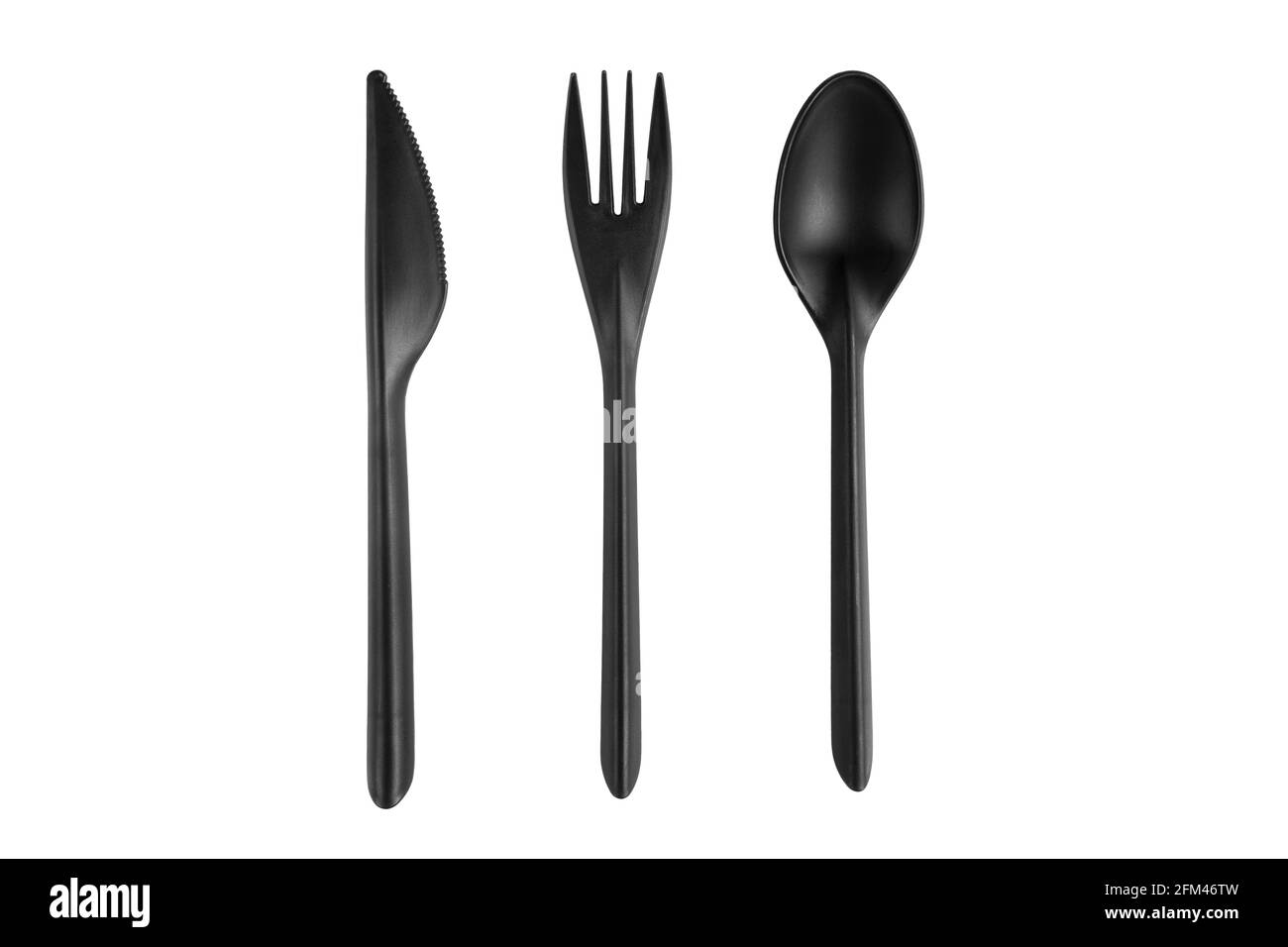 Black plastic spoon, knife and fork isolated on white background. Disposable tableware set isolated with clipping path. Stock Photo