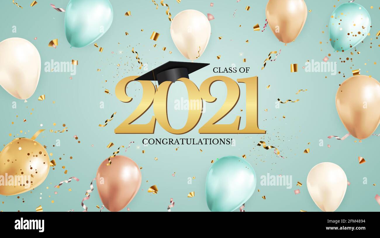 Graduation class of 2021 with graduation cap hat and confetti. Vector ...