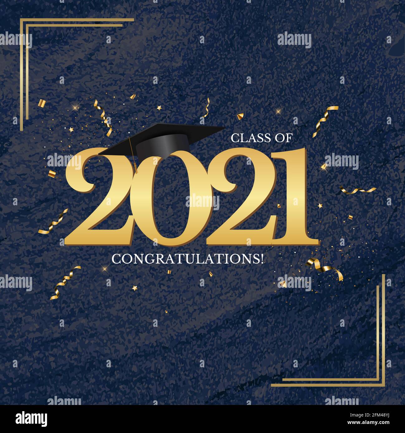 Graduation class of 2021 with graduation cap hat and confetti. Vector ...