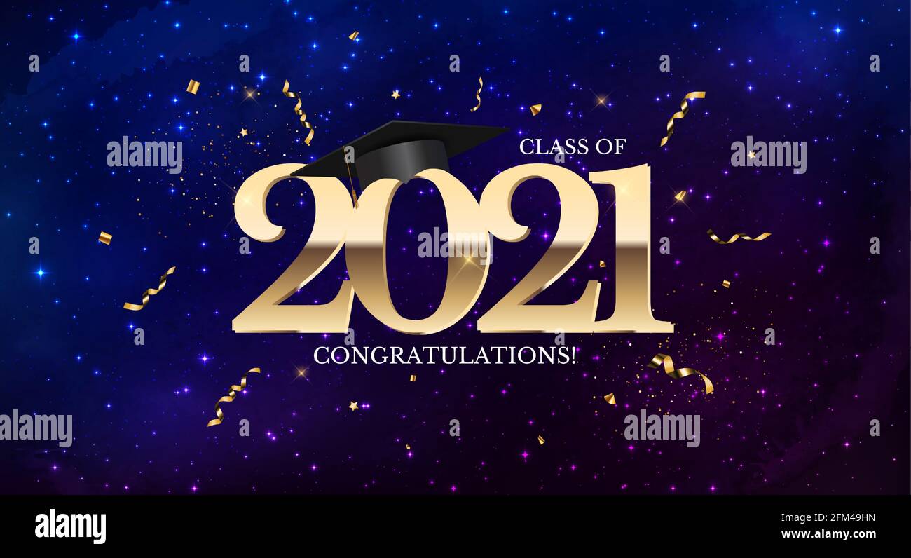 Graduation class of 2021 with graduation cap hat and confetti. Vector ...