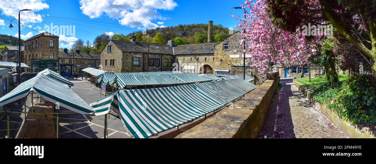 Panorama, Hebden Bridge Market Stalls and Cheery Blossom, Hebden Bridge, Calderdale, West
