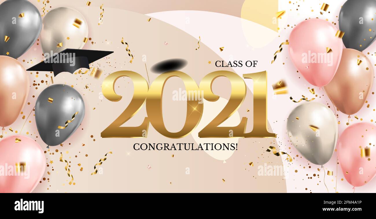 Graduation class of 2021 with graduation cap hat and confetti. Vector ...