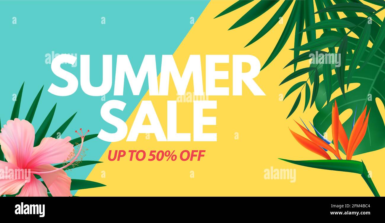 Summer sale poster. Natural Background with Tropical Palm and Monstera ...