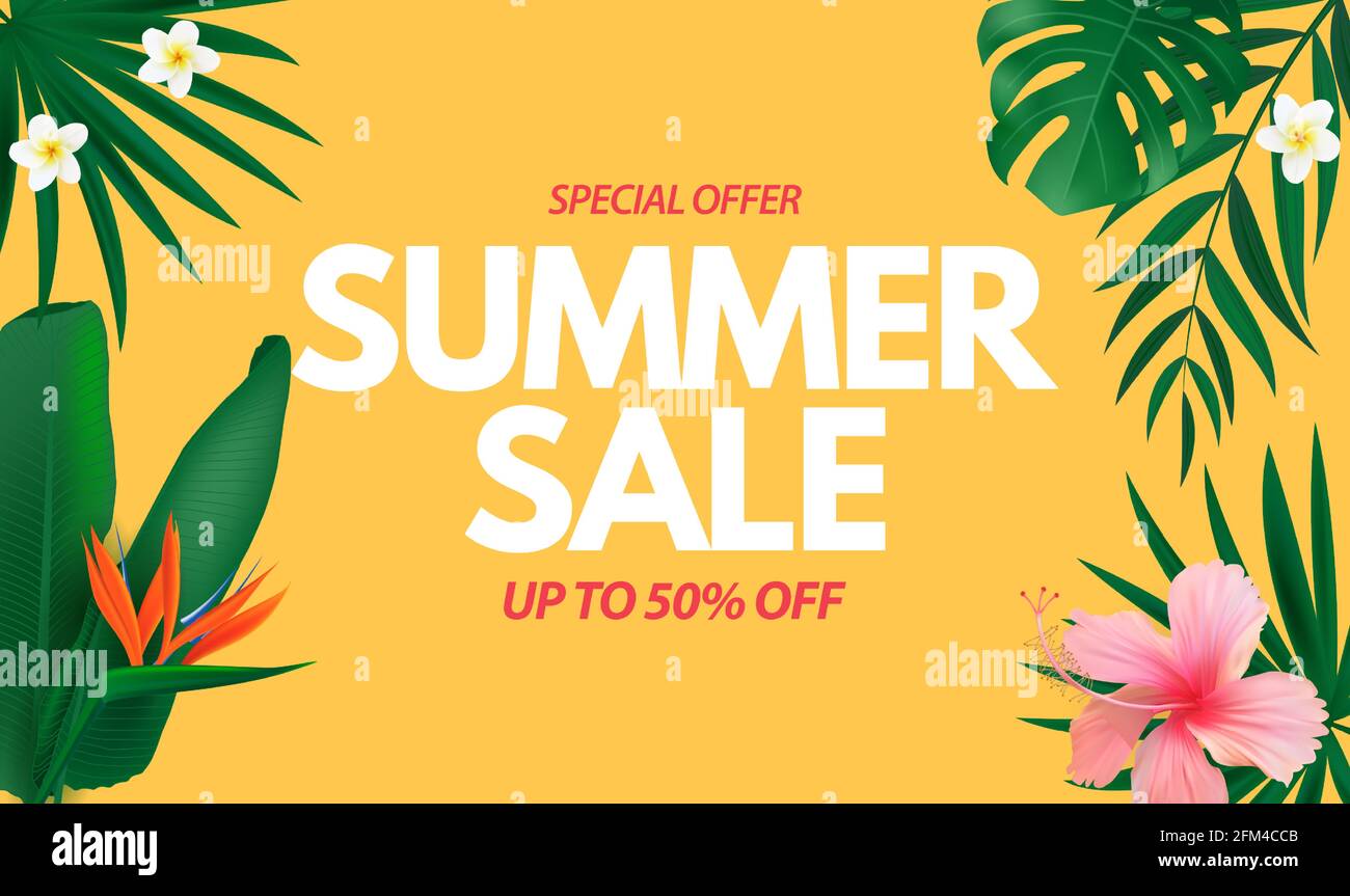 Summer sale poster. Natural Background with Tropical Palm and Monstera ...