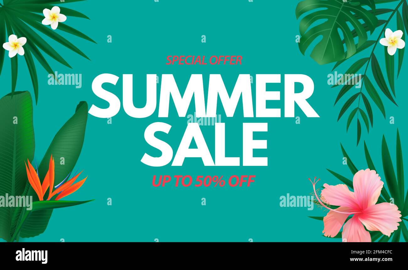 Summer sale poster. Natural Background with Tropical Palm and Monstera ...