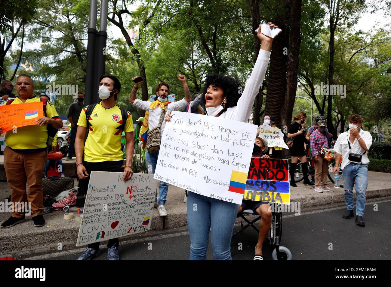 Non Exclusive: MEXICO CITY, MEXICO - MAY 5: Colombians demonstrators, take part during a protest outside of the Mexico's Colombian embassy, to support Stock Photo