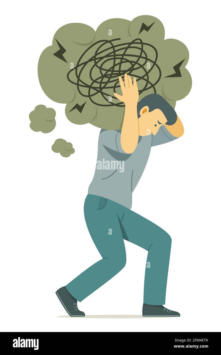 Man Carry the Big Thinking Bubble Symbol of Confusion on Shoulder with Feeling of Confuse. Stock Vector