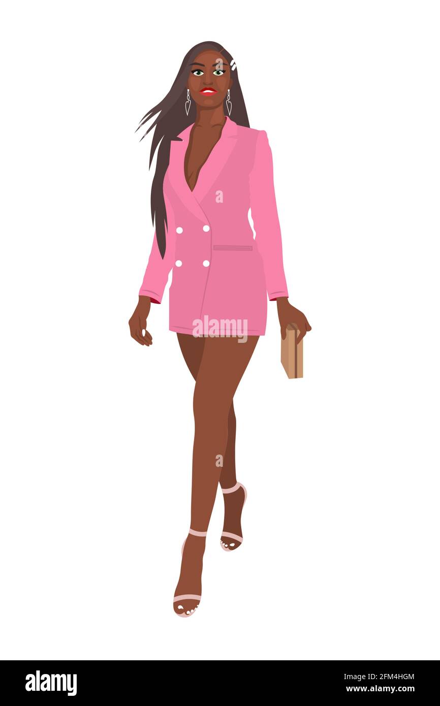 Women on high heels dressed in stylish trendy clothes - Beautiful dark-skinned girl model in pink blazer dress - female fashion illustration Stock Vector