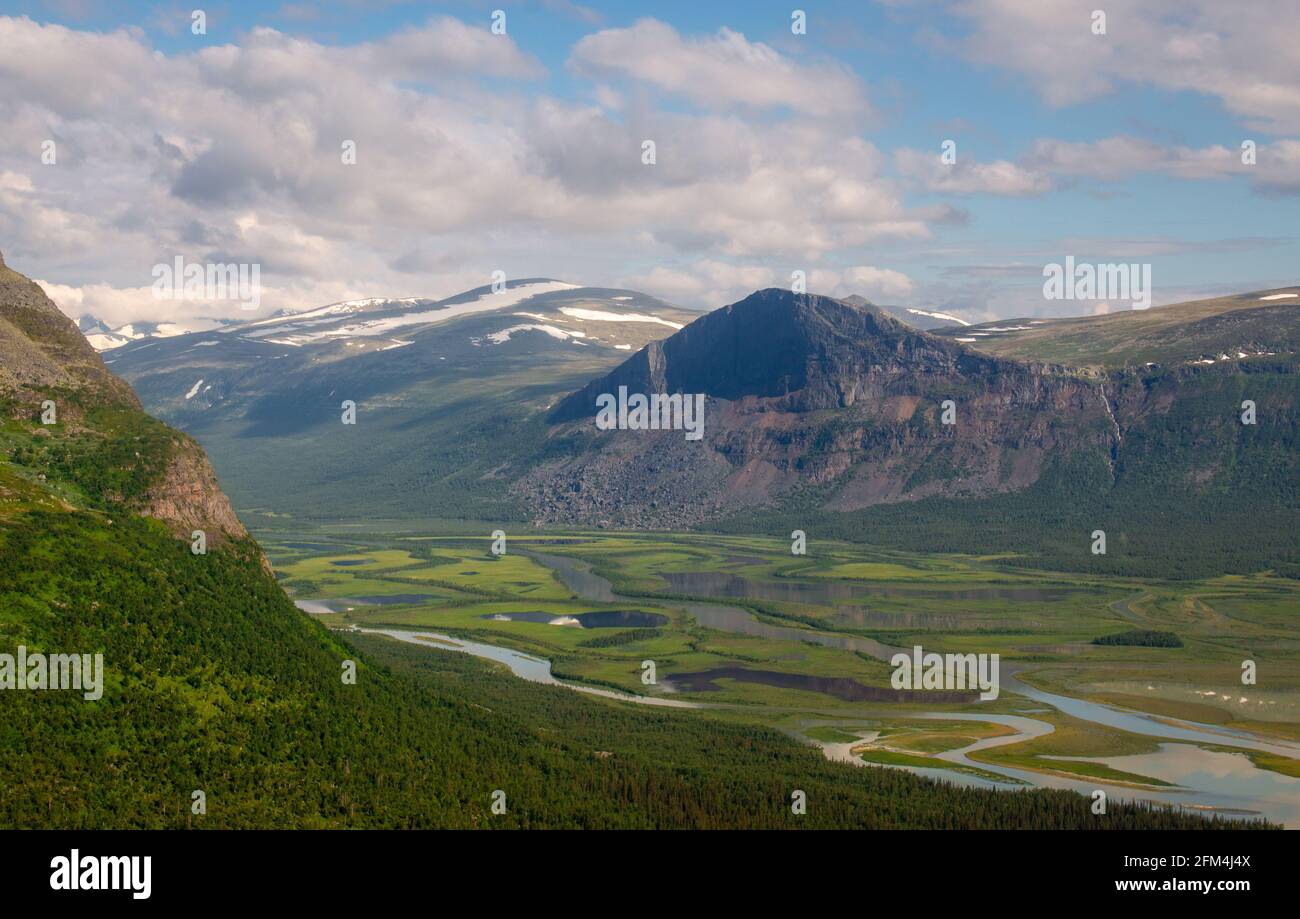 View from a helicopter flying above Rapadalen, Sarek National park, Swedish Lapland. Stock Photo