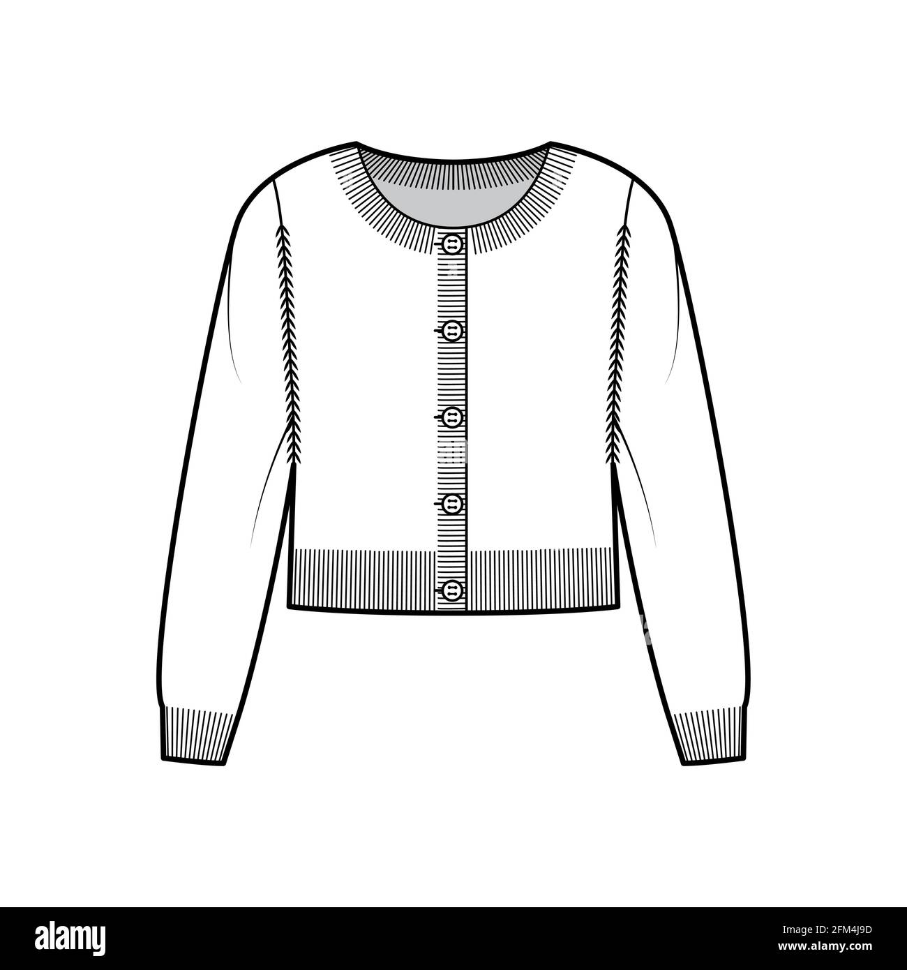 Round neck cropped cardigan sweater technical fashion illustration with  long sleeves, oversized body, knit rib cuff. Flat jumper apparel front,  white color style. Women, men unisex CAD mockup Stock Vector Image u0026