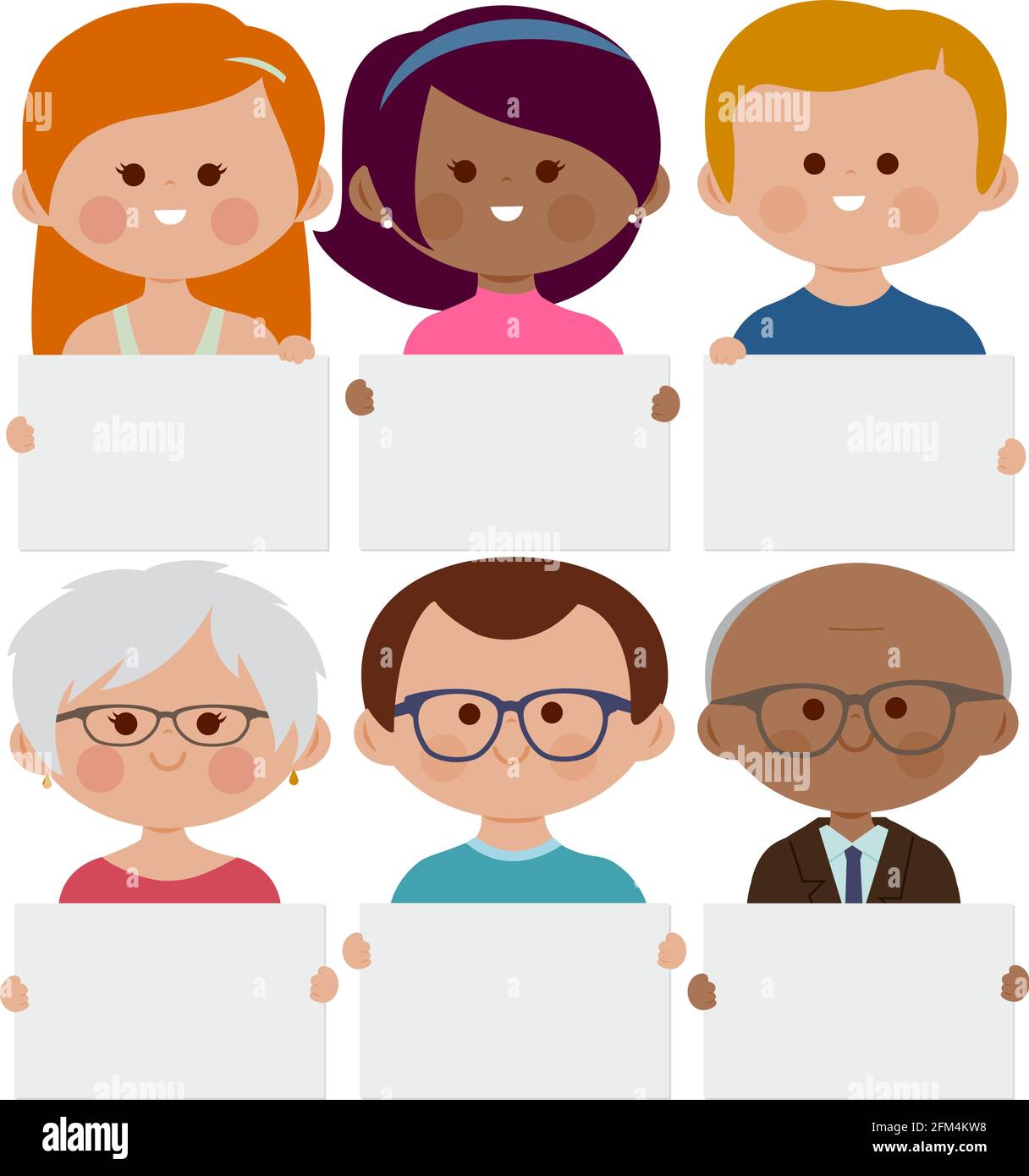 Diverse group of people holding blank placards. Vector illustration ...