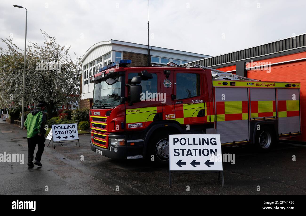 Wigston, Leicestershire, UK. 6th May 2021. A voter enters the Polling Station at Wigston Fire Station during the local elections. Millions of people across Britain will cast a ballot on Thursday in the biggest set of votes since the 2019 general election.  Credit Darren Staples/Alamy Live News. Stock Photo