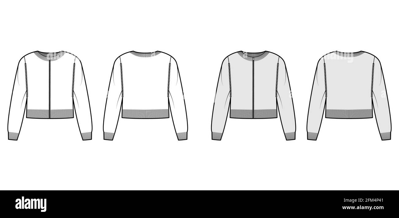 Zip-up cardigan cropped Sweater technical fashion illustration with rib  crew neck, long sleeves, knit trim, oversized. Flat jumper apparel front,  back, white grey color. Women men unisex CAD mockup Stock Vector Image