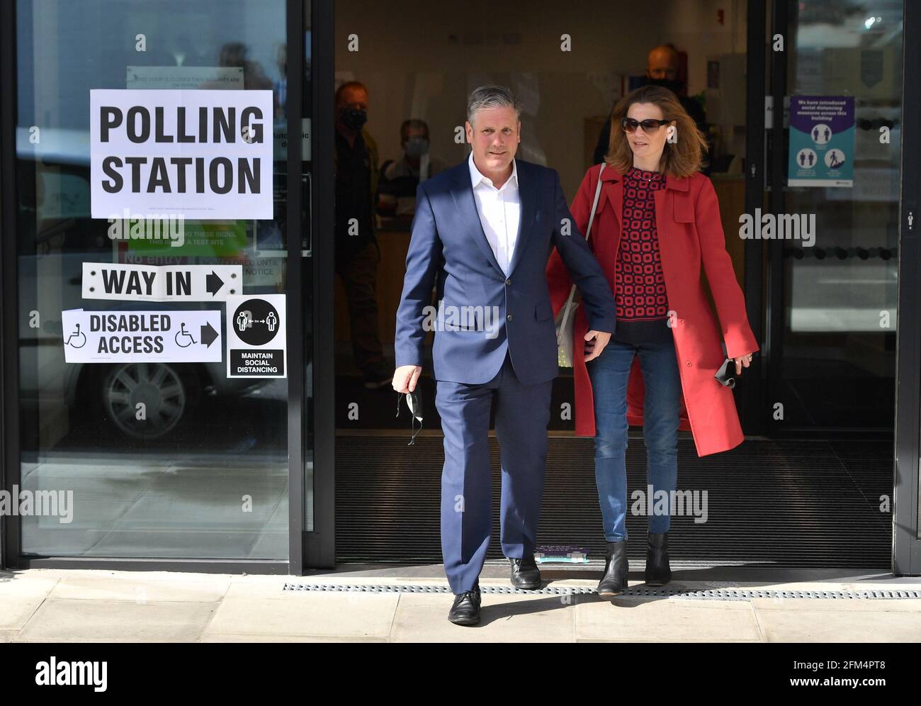 Labour leader Sir Keir Starmer and his wife Victoria leave after casting their vote at Greenwood Centre polling station at St Albans Church, north London, in the local and London Mayoral election. Picture date: Thursday May 6, 2021. Stock Photo
