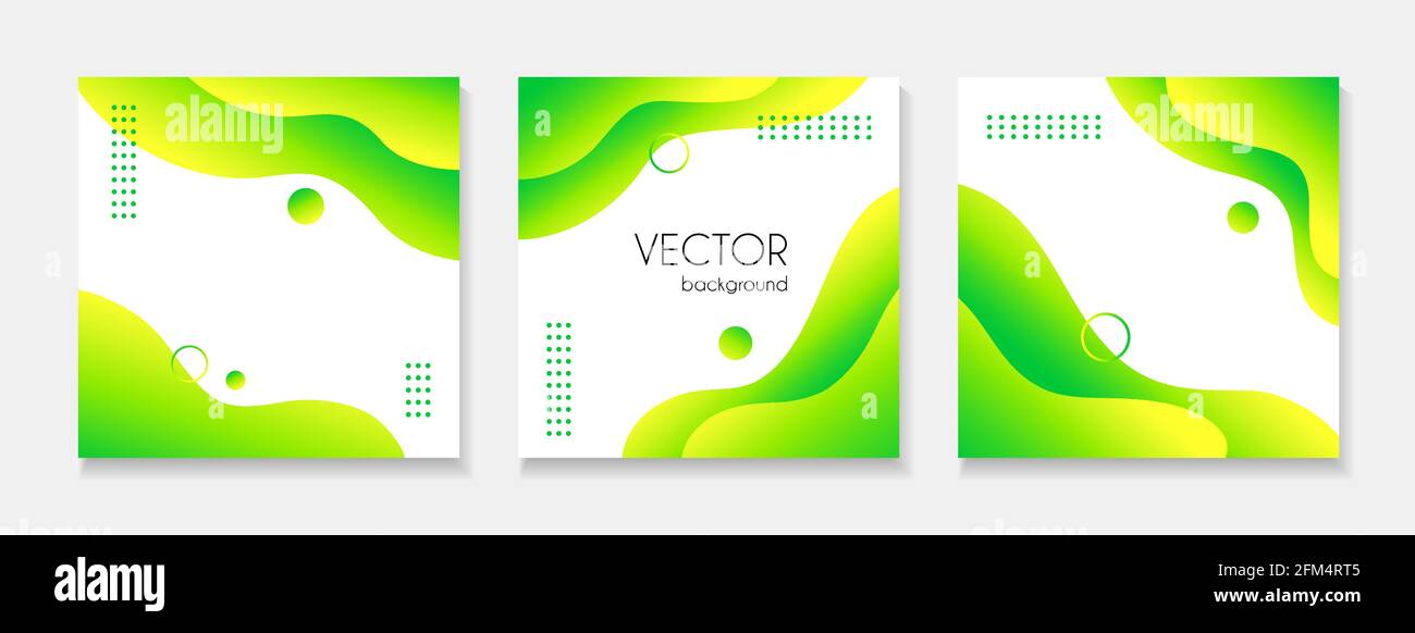 Abstract liquid fluid green backgrounds for social media posts. Vector set of square templates with copy space for text Stock Vector