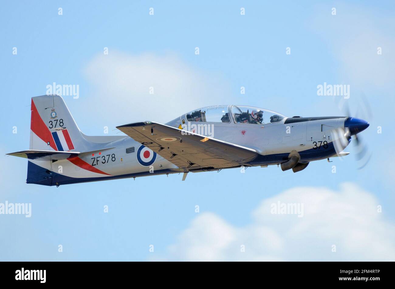 RAF Tucano T1 in special colours to display at airshows and events around the UK for 2011. Royal Air Force plane in patriotic stripes Stock Photo