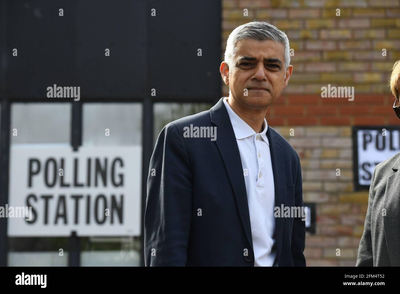 Sadiq Khan outside the polling station at St Albans Church, south London, where his wife cast her vote in the local and London Mayoral election. The Mayor of London has already voted by post. Picture date: Thursday May 6, 2021. Stock Photo
