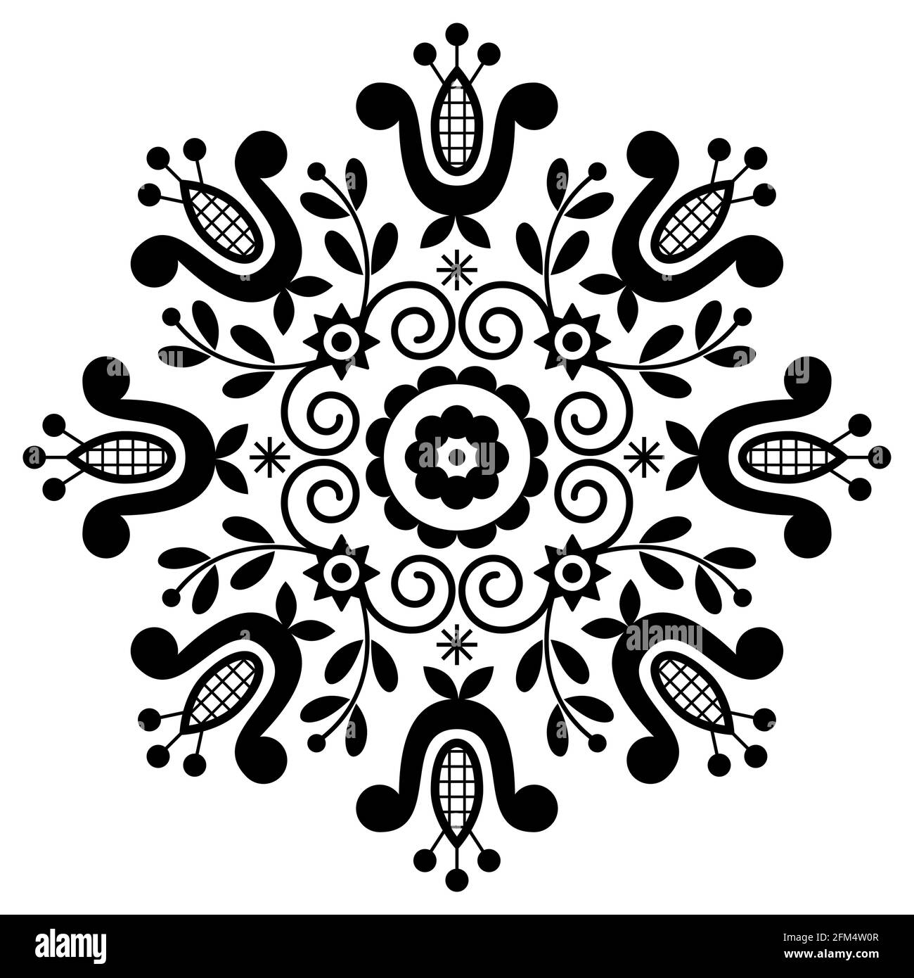Polish folk art vector design mandala with flowers inspired by traditional highlanders embroidery Lachy Sadeckie - monochrome boho pattern Stock Vector
