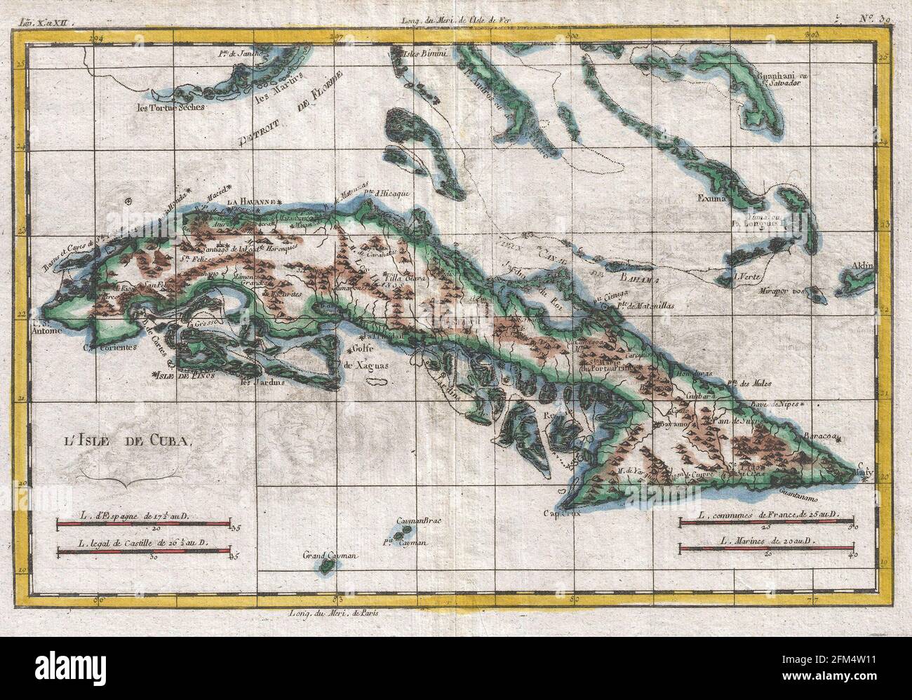 Vintage copper engraved map of Cuba from 18th century. All maps are beautifully colored and illustrated showing the world at the time. Stock Photo