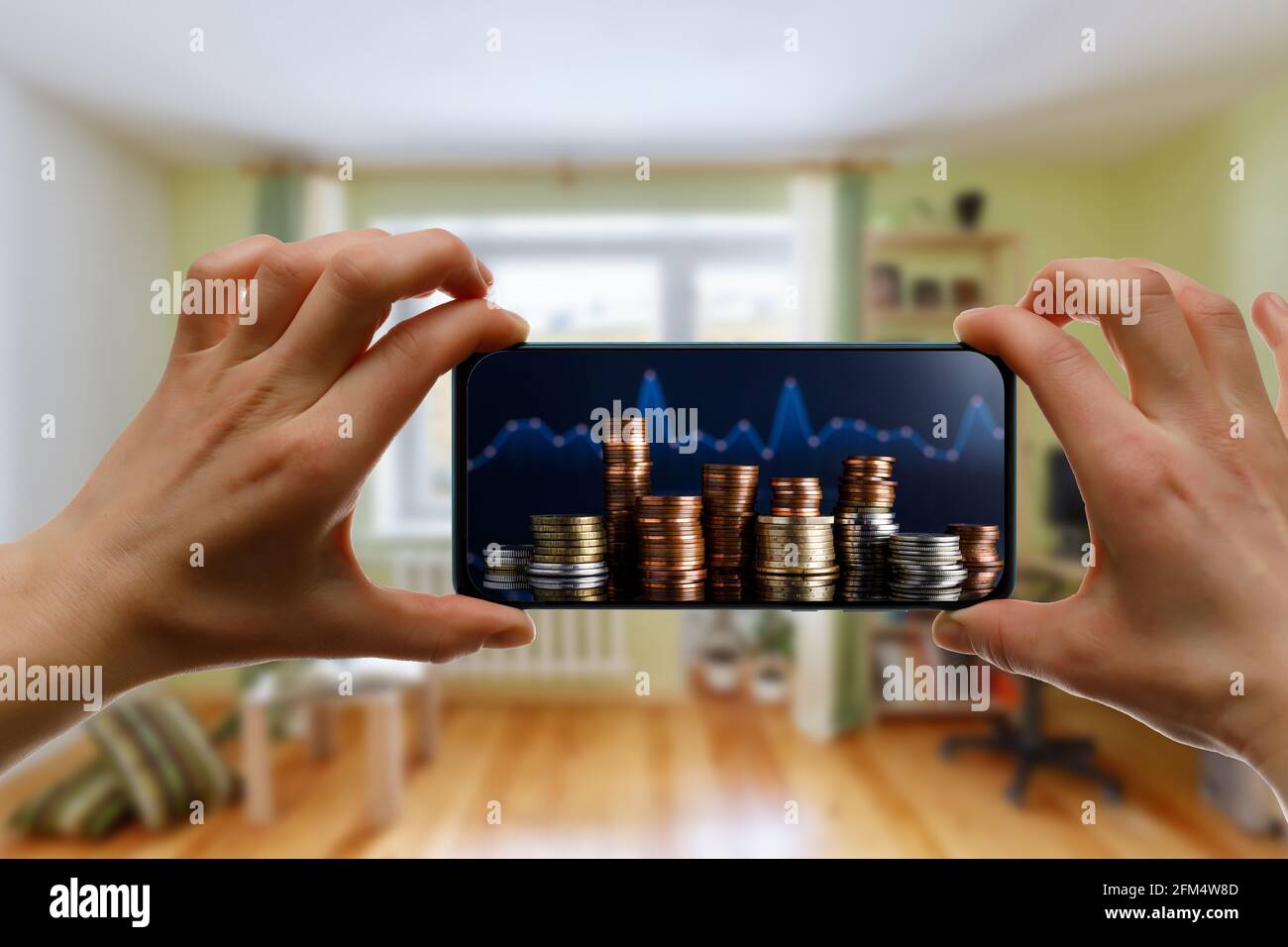 Online bank concept. Using money at app account at home Stock Photo