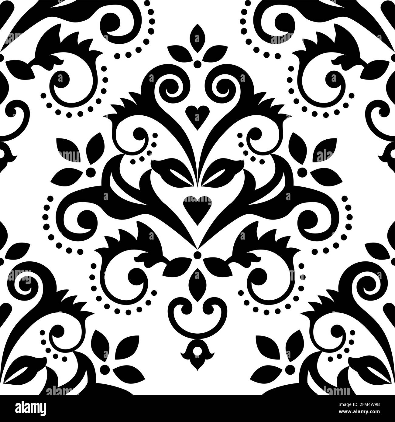 Damask tiled wallpaper, black and white textile or fabric print pattern, traditional vector design with flowers, leaves and swirls Stock Vector