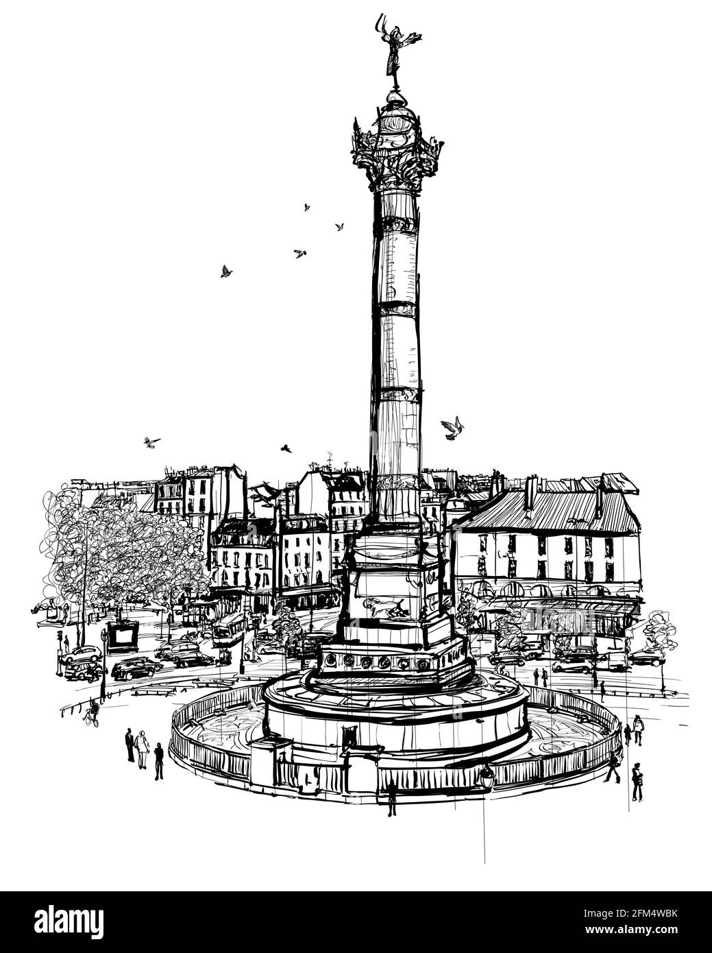 France, the July Column, Colonne de Juillet, Place de la Bastille in Paris- vector illustration Stock Vector