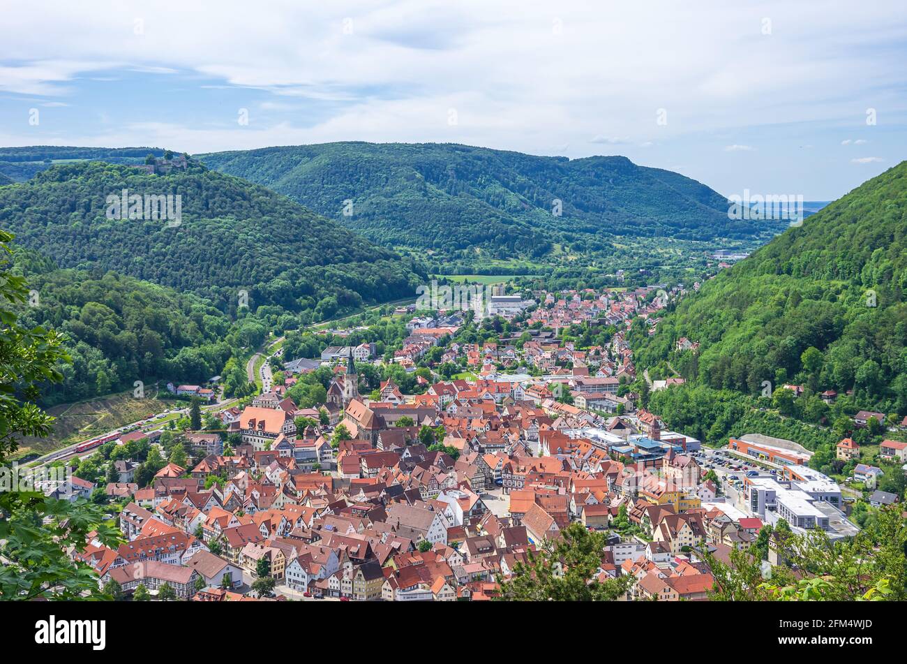Bad Urach, Baden-Württemberg, Germany - June 6, 2014: View from above over the small town of Bad Urach at the bottom of the Swabian Alb. Stock Photo
