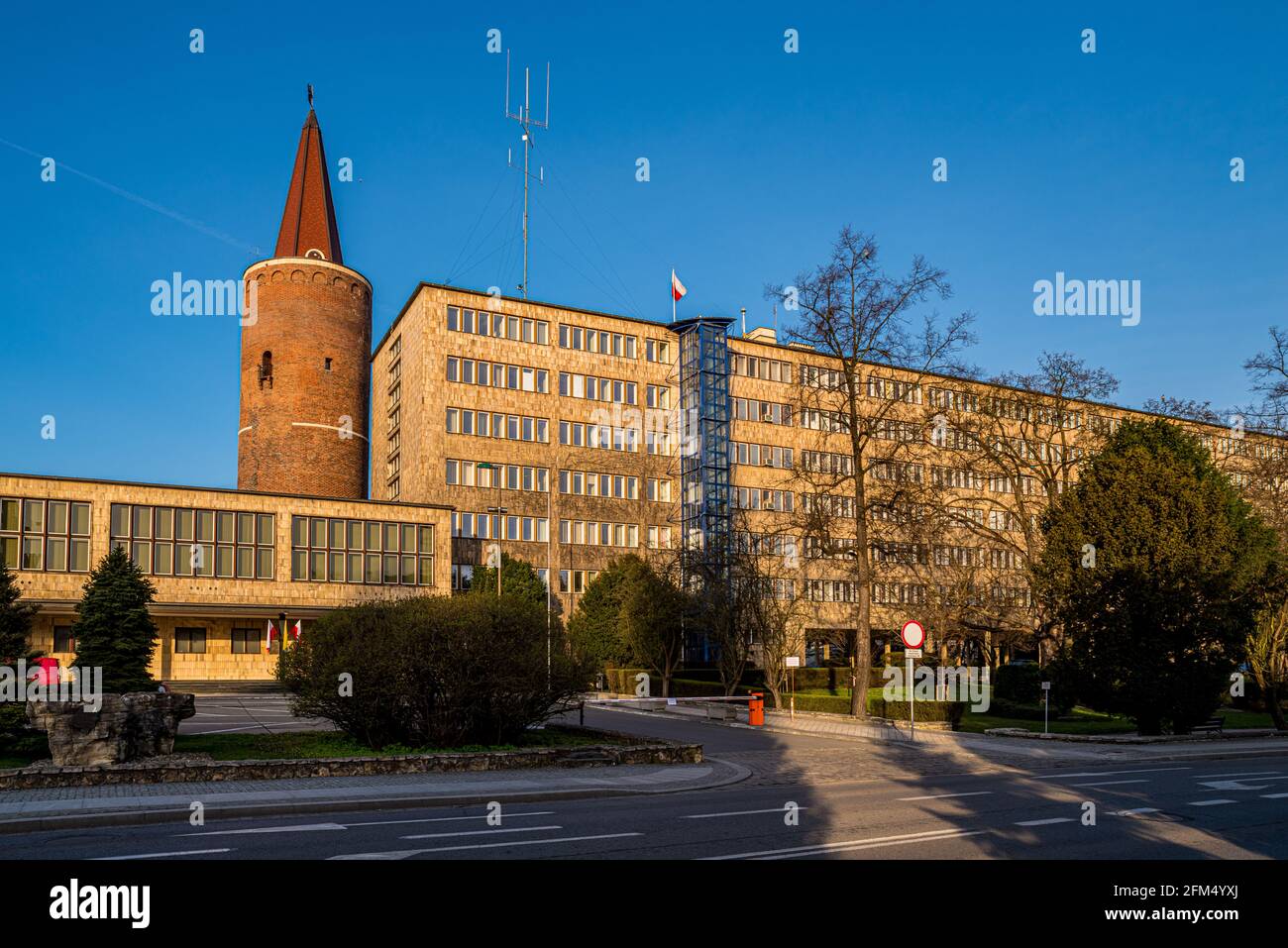Closeup shot of the Piast Tower and the Voivodeship Office in Opole  in Poland Stock Photo