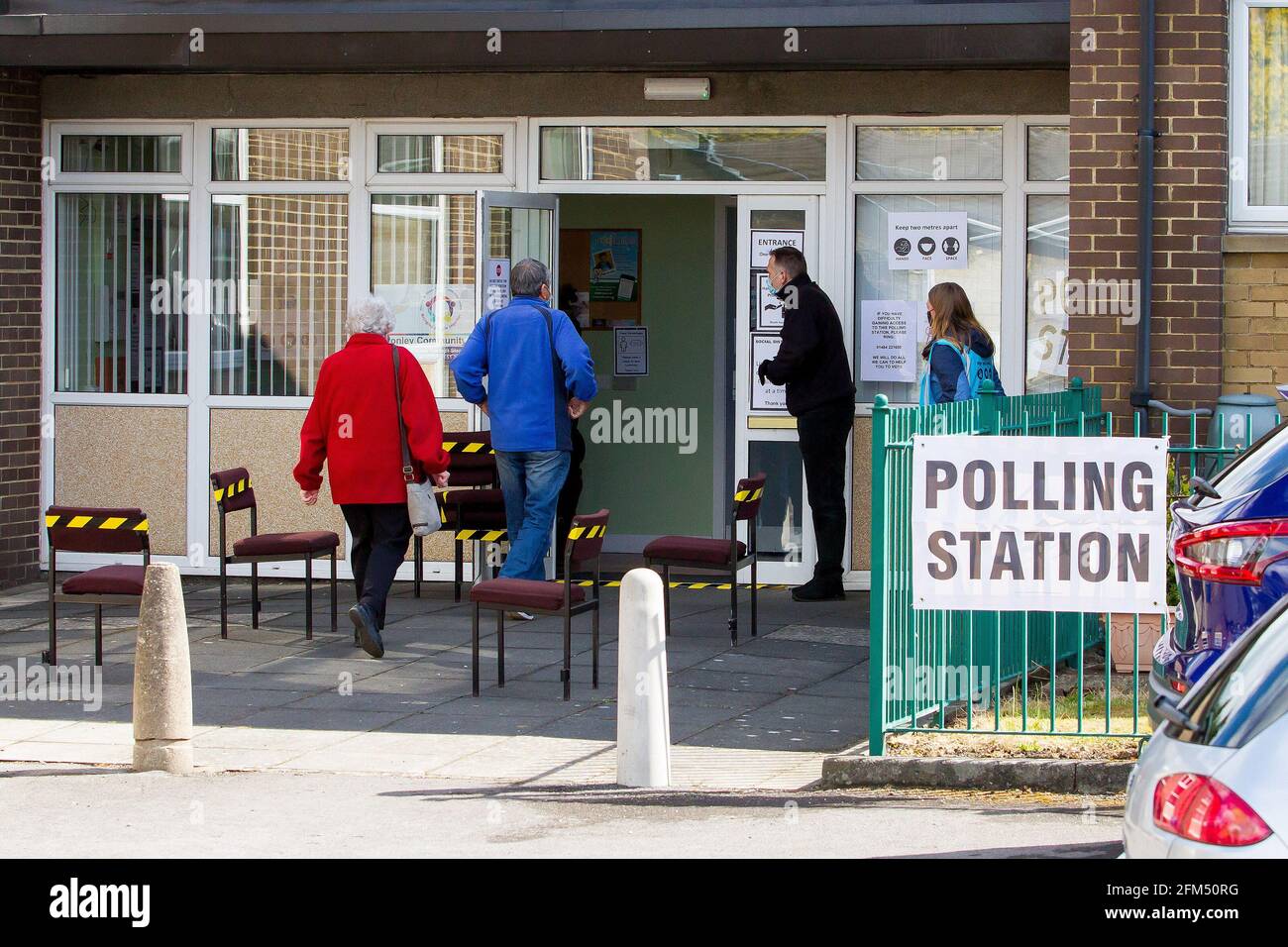 Honley, Holmfirth, Yorkshire, UK, 06 May 2021. Voters arrive to cast their ballots in Honley for the local elections and for the inaugural West Yorkshire mayoral election. RASQ Photography/Alamy Live News. Stock Photo