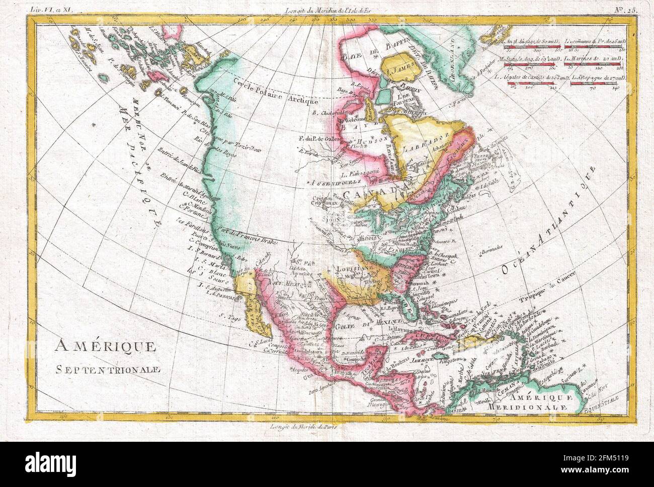 Vintage copper engraved map of North America from 18th century. All maps are beautifully colored and illustrated showing the world at the time. Stock Photo