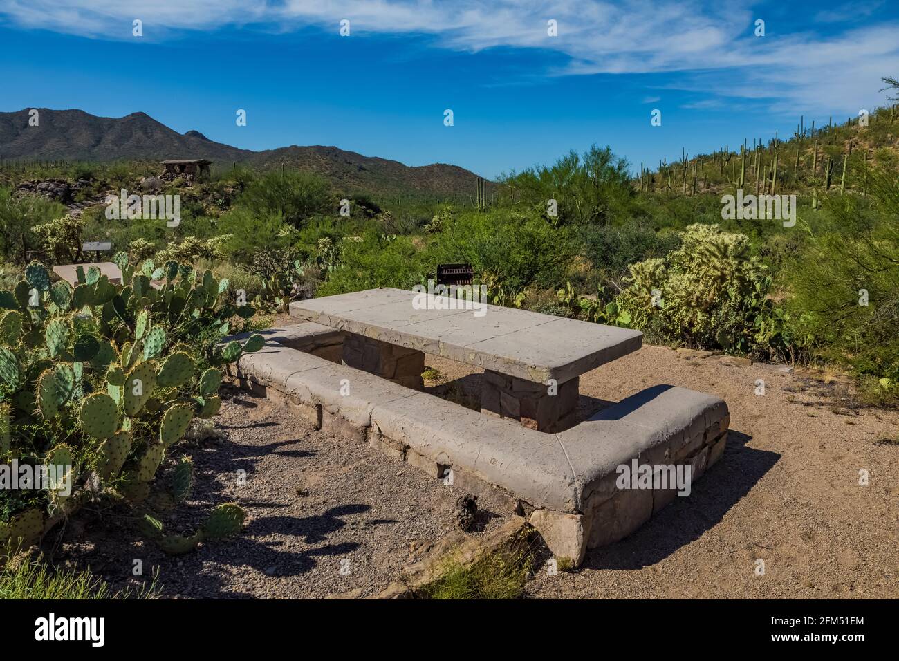 Picnic table in the Ez-Kim-In-Zin Picnic Area built by the Civilian Conservation Corps during the Great Depression, Saguaro National Park, Tucson Moun Stock Photo
