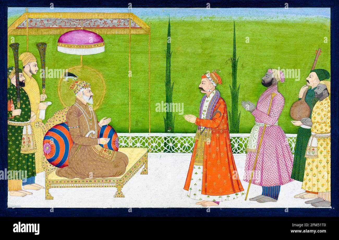 The poet Sundar Das before Emperor Shah Jahan (1592-1666), 5th Mughal Emperor, painting by Nainsukh, 1750-1760 Stock Photo