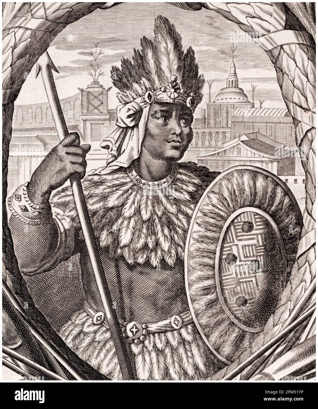 Montezuma II (c.1466-1520) (Moctezuma II), Emperor of the Aztec Empire (1502-1520), portrait engraving 1671 Stock Photo