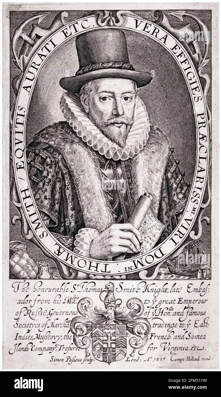 Sir Thomas Smythe (Smith) (c.1558–1625), was an English merchant, politician and colonial administrator. He was the First Governor of the East India Company, portrait engraving by Simon de Passe, circa 1605 Stock Photo