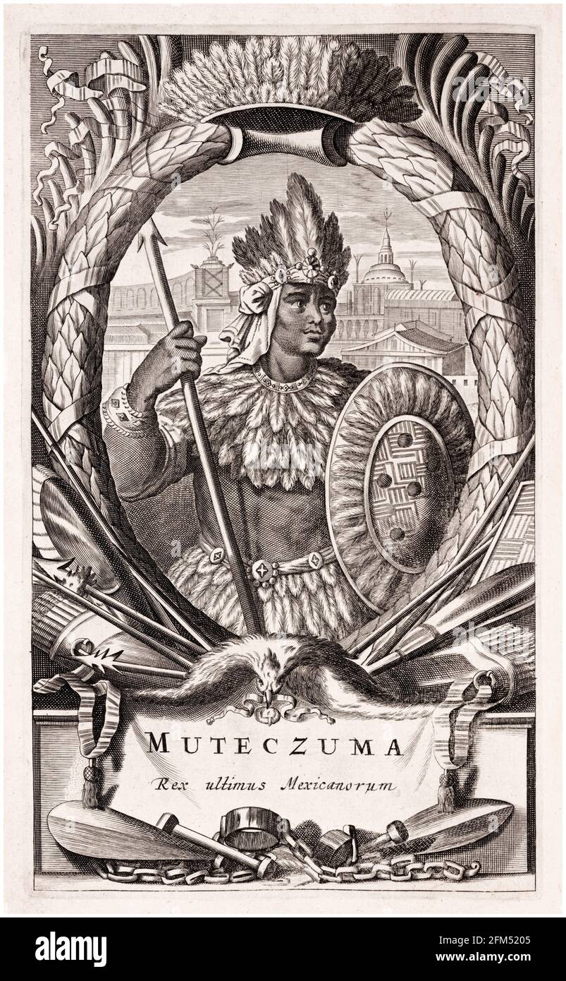 Moctezuma II (c.1466-1520) (Montezuma II), Emperor of the Aztec Empire (1502-1520), portrait engraving 1671 Stock Photo