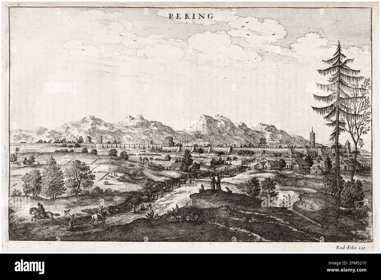 City walls of Peking (Beijing) and landscape: from the book An Embassy from the East-India Company of the United Provinces to the Grand Tartar Cham, Emperor of China, by Johannes Nieuhof, engraving by Wenceslaus Hollar, 1669 Stock Photo