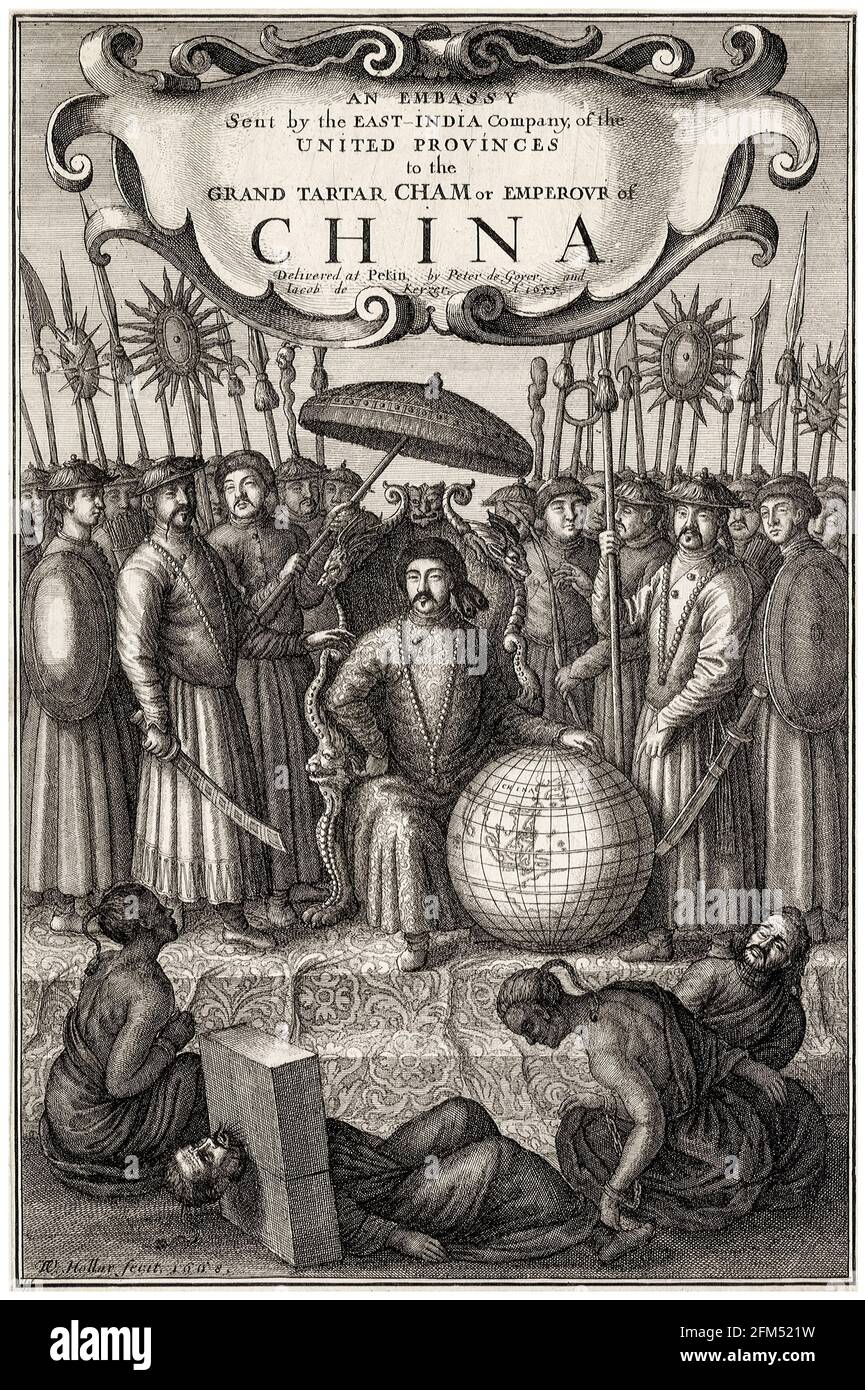 An Embassy from the East-India Company of the United provinces to the Grand Tartar Cham, Emperor of China:  Frontispiece, from the book by Johannes Nieuhof, engraving by Wenceslaus Hollar, 1655 Stock Photo