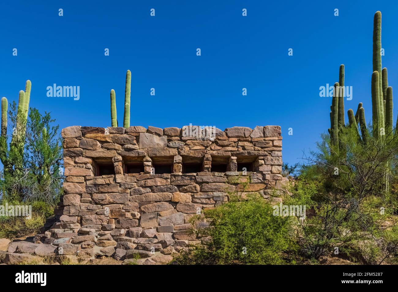 Old stone restroom in the Ez-Kim-In-Zin Picnic Area built by the Civilian Conservation Corps during the Great Depression, Saguaro National Park, Tucso Stock Photo