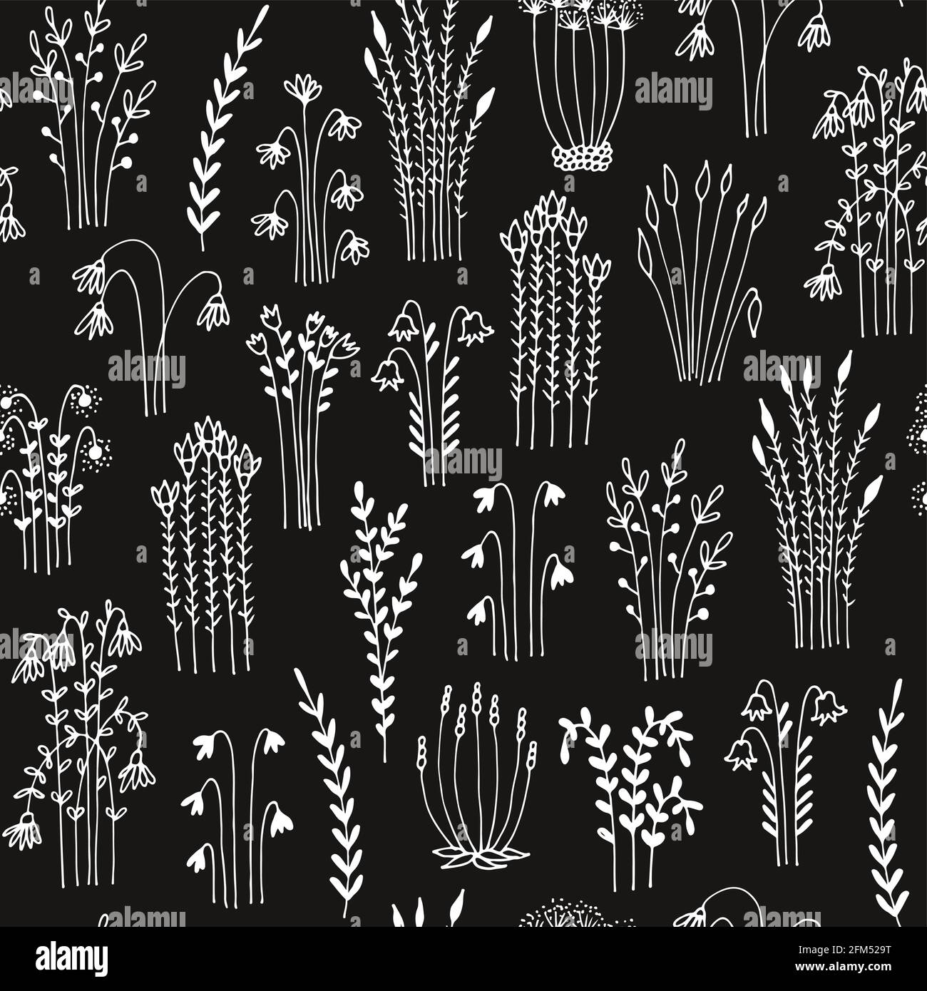 Herbs and flowers seamless vector pattern, isolated on black background Stock Vector