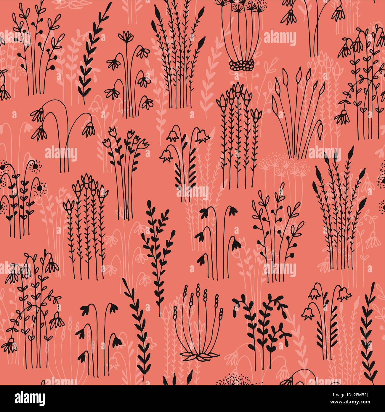 Herbs and flowers seamless vector pattern, isolated on pink background Stock Vector